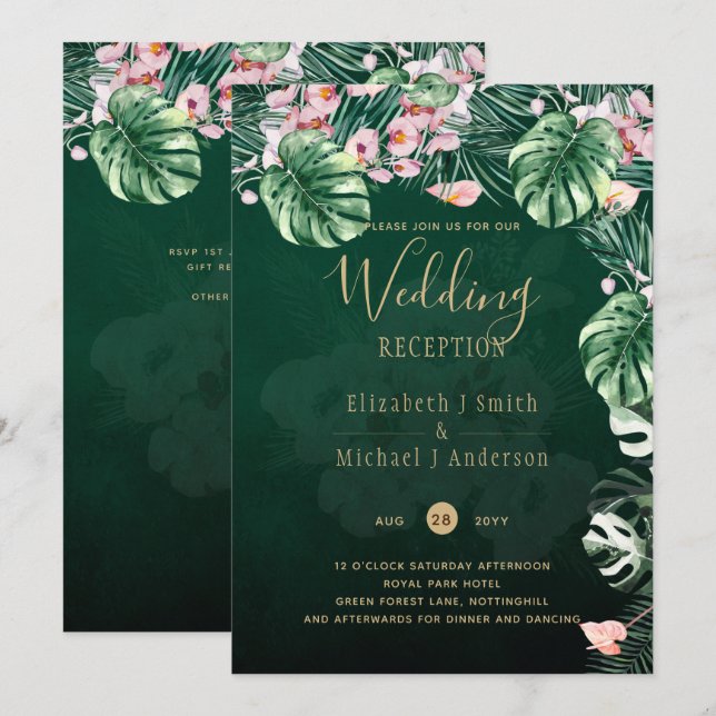 Invitación LeahG Boda de la hoja floral verde tropical (Anverso / Reverso)