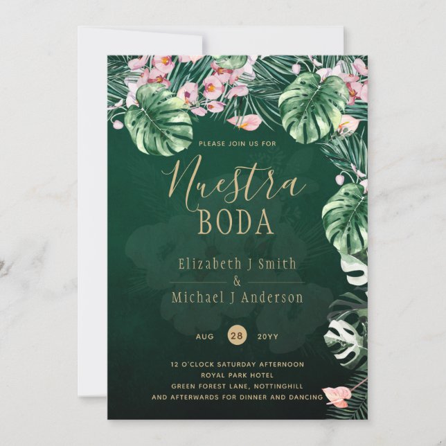 Invitación LeahG Boda de la hoja floral verde tropical (Anverso)