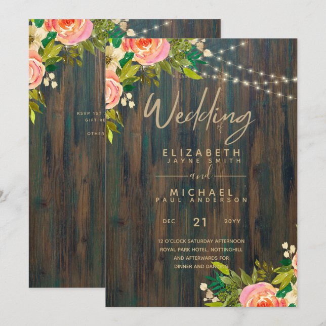 Invitación LeahG Boda floral de melocotones de madera rústica (Anverso / Reverso)