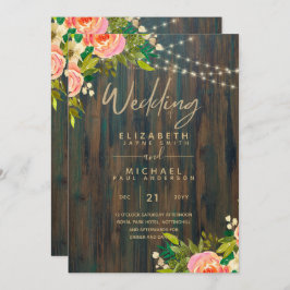 Invitación LeahG Boda floral de melocotones de madera rústica