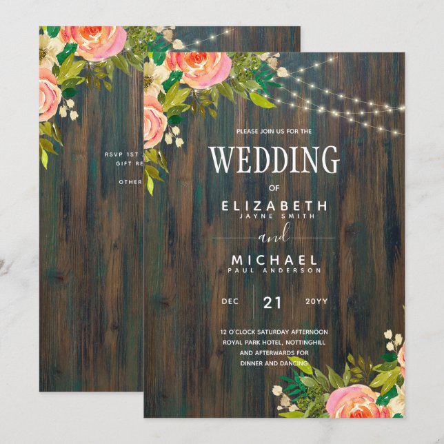 Invitación LeahG Boda floral de melocotones de madera rústica (Anverso / Reverso)