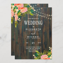 Invitación LeahG Boda floral de melocotones de madera rústica