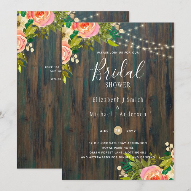 Invitación LeahG Boda floral de melocotones de madera rústica (Anverso / Reverso)