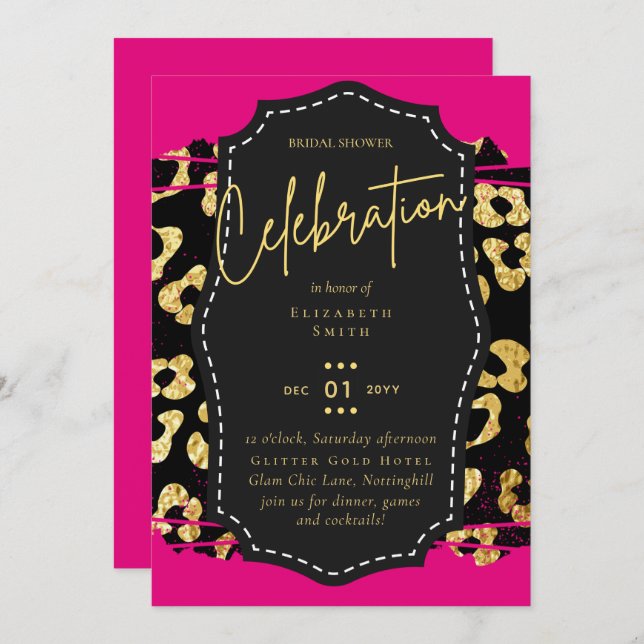 Invitación LeahG Bridal Shower Glam Moda Animal Oro Negro (Anverso / Reverso)