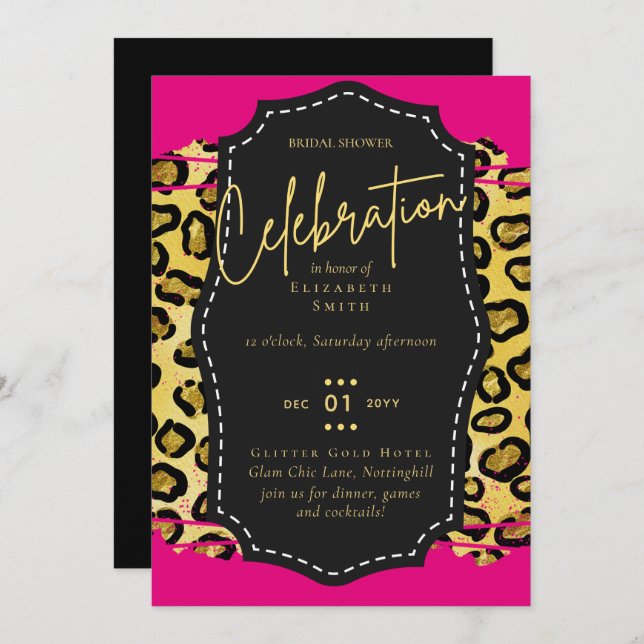 Invitación LeahG Bridal Shower Glam Moda Animal Oro Negro (Anverso / Reverso)