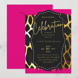 Invitación LeahG Bridal Shower Glam Moda Animal Oro Negro