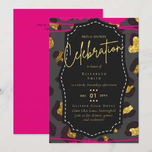 Invitación LeahG Bridal Shower Glam Moda Animal Oro Negro