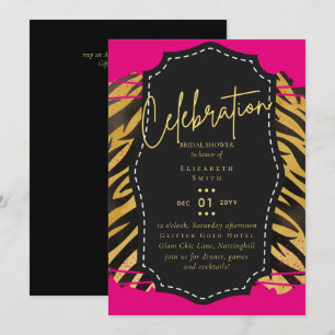 Invitación LeahG Bridal Shower Glam Moda Animal Oro Negro