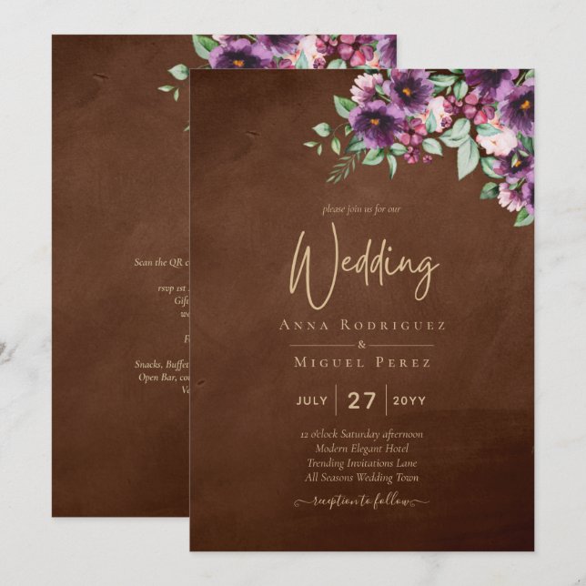 Invitación LeahG Brown Berry Ciruela Púrpura Boda Otoño Invie (Anverso / Reverso)