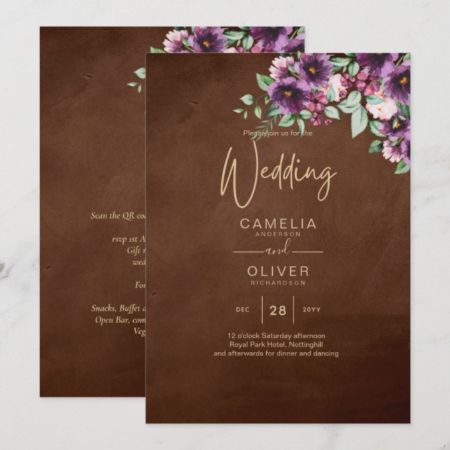 Invitación LeahG Brown Berry Ciruela Púrpura Boda Otoño Invie (Anverso / Reverso)