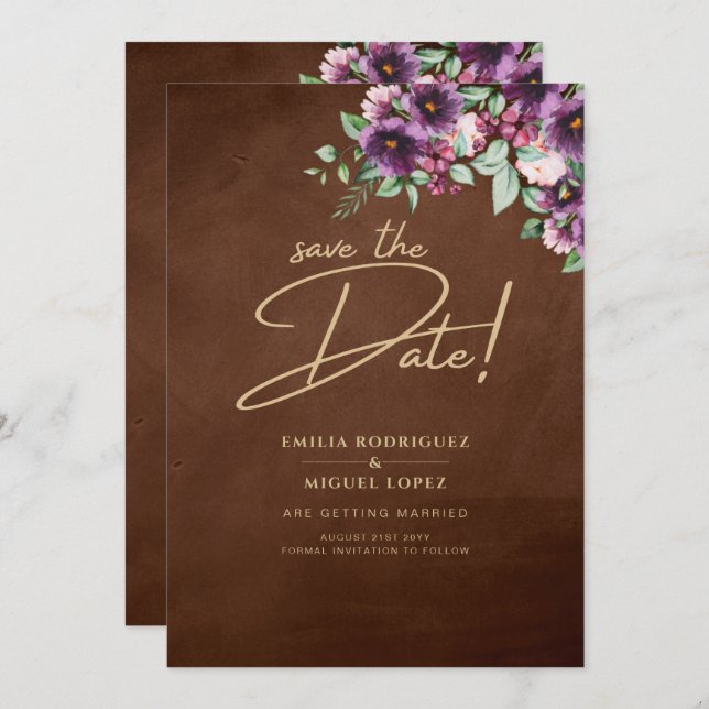 Invitación LeahG Brown Berry Ciruela Púrpura Boda Otoño Invie (Anverso / Reverso)