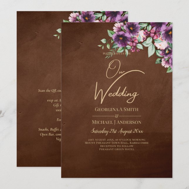 Invitación LeahG Brown Berry Plum Purple Boda Caer Invierno (Anverso / Reverso)