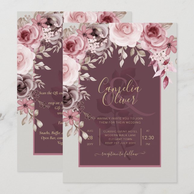 Invitación LeahG Burgundy Rubor Roses Rosa Cae Boda Inv. (Anverso / Reverso)