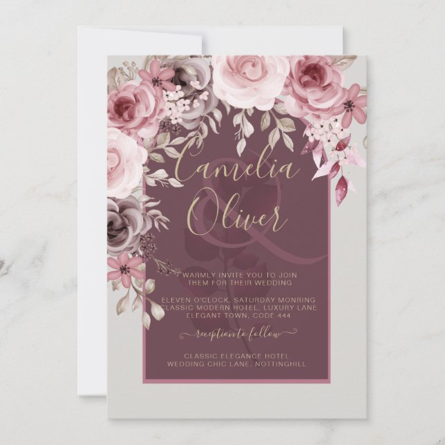 Invitación LeahG Burgundy Rubor Roses Rosa Cae Boda Inv. (Anverso)