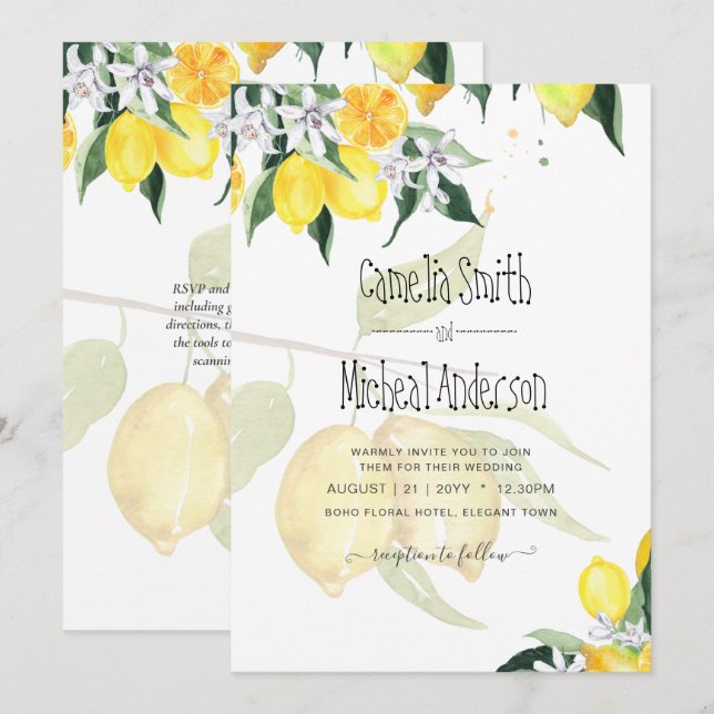 Invitación LeahG Citrus Lemons Boda presupuestal Invitar Amar (Anverso / Reverso)