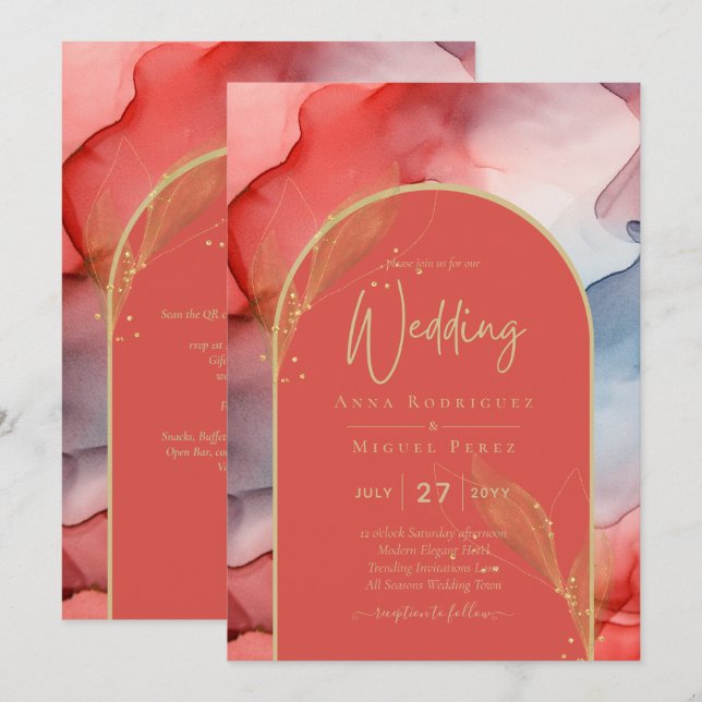 Invitación LeahG Coral Navy Blue Gold INVITE (Anverso / Reverso)