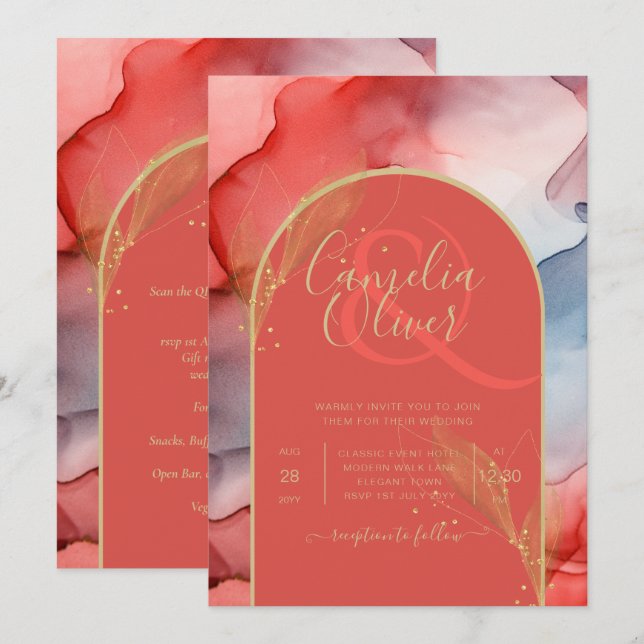 Invitación LeahG Coral Navy Blue Gold INVITE (Anverso / Reverso)