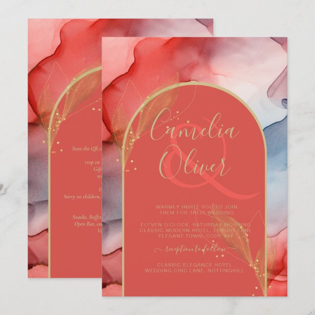 Invitación LeahG Coral Navy Blue Gold INVITE (Anverso / Reverso)