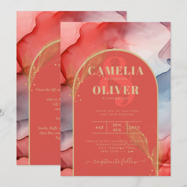 Invitación LeahG Coral Navy Blue Gold INVITE (Anverso / Reverso)