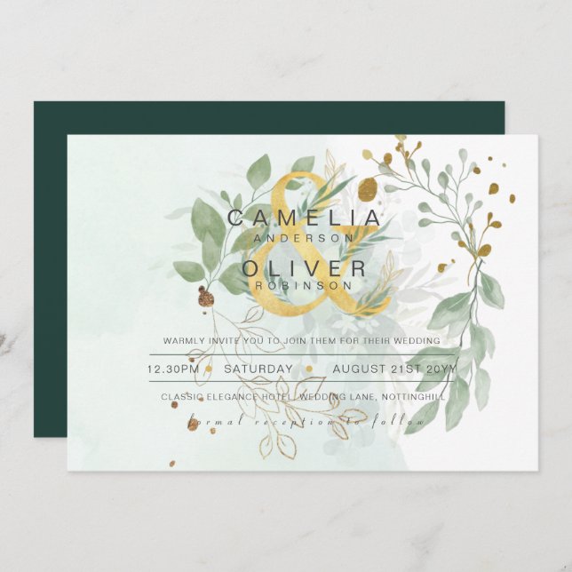 Invitación Leahg Eucalyptus Greenery Gold Boda QR CÓDIGO IN (Anverso / Reverso)