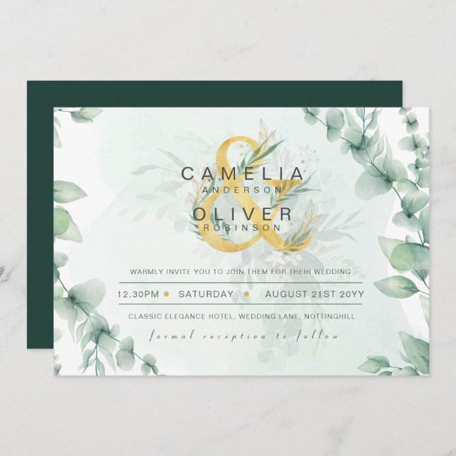Invitación Leahg Eucalyptus Greenery Gold Boda QR CÓDIGO IN (Anverso / Reverso)