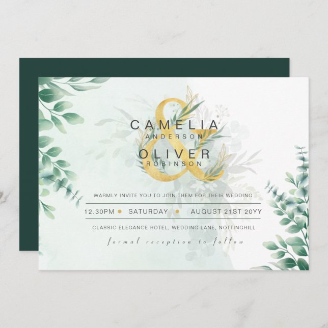 Invitación Leahg Eucalyptus Greenery Gold Boda QR CÓDIGO IN (Anverso / Reverso)