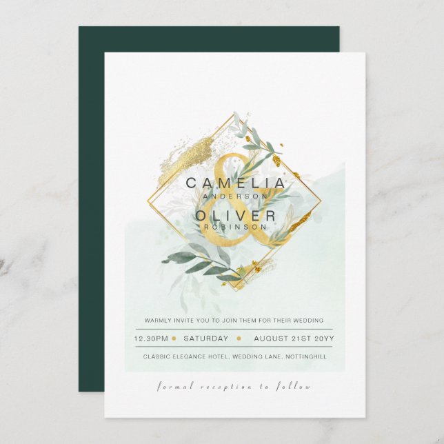 Invitación LeahG Eucalyptus Greenery Gold Boda QR CÓDIGO INV (Anverso / Reverso)