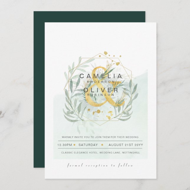Invitación LeahG Eucalyptus Greenery Gold Boda QR CÓDIGO INV (Anverso / Reverso)