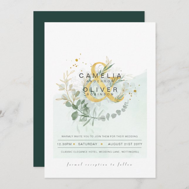 Invitación LeahG Eucalyptus Greenery Gold Boda QR CÓDIGO INV (Anverso / Reverso)