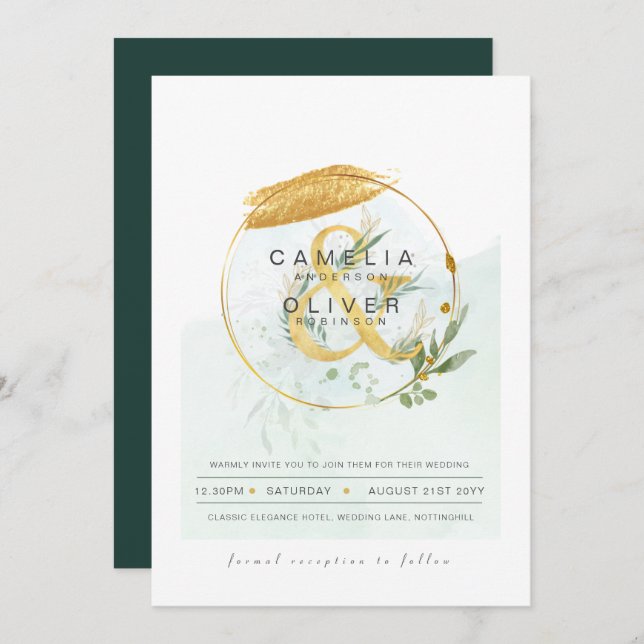 Invitación LeahG Eucalyptus Greenery Gold Boda QR CÓDIGO INV (Anverso / Reverso)