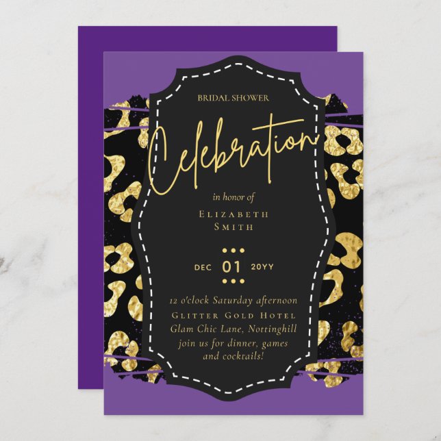 Invitación LeahG Glam Gold Purple Animal Prints Bridal Shower (Anverso / Reverso)