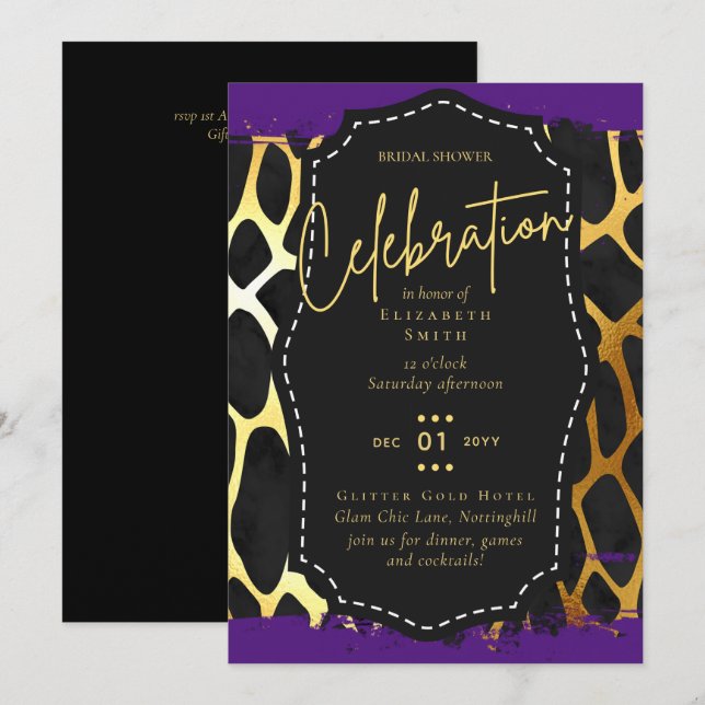 Invitación LeahG Glam Gold Purple Animal Prints Bridal Shower (Anverso / Reverso)
