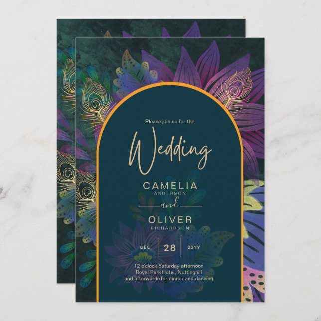 Invitación LeahG Green Purple Gold JEWEL TONES Wedding INVITE (Anverso / Reverso)