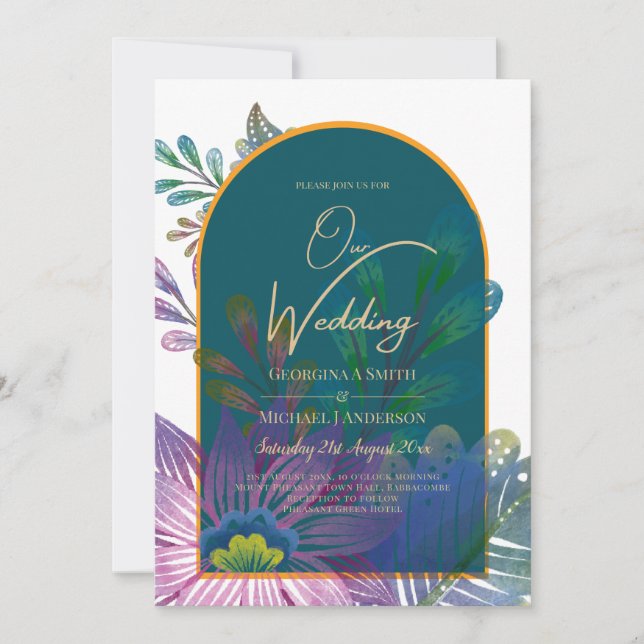 Invitación LeahG Green Purple Gold JEWEL TONES Wedding INVITE (Anverso)