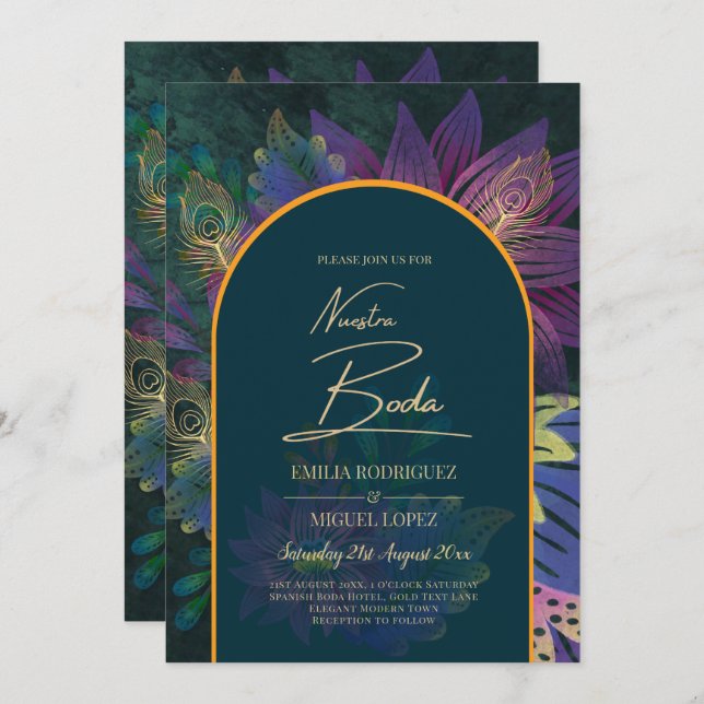 Invitación LeahG Green Purple Gold JEWEL TONES Wedding INVITE (Anverso / Reverso)