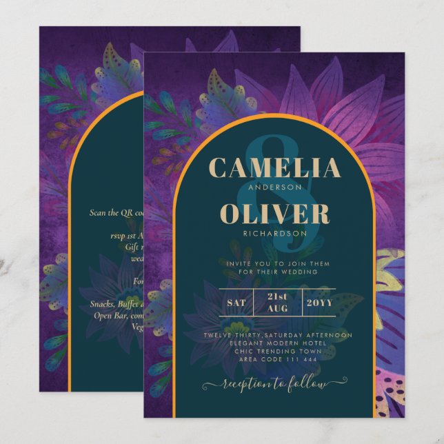 Invitación LeahG Green Purple Gold JEWEL TONES Wedding INVITE (Anverso / Reverso)