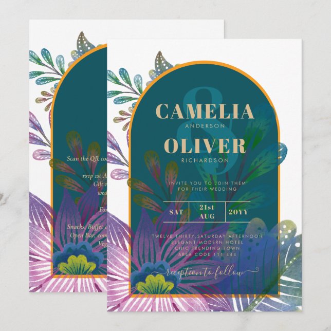 Invitación LeahG Green Purple Gold JEWEL TONES Wedding INVITE (Anverso / Reverso)