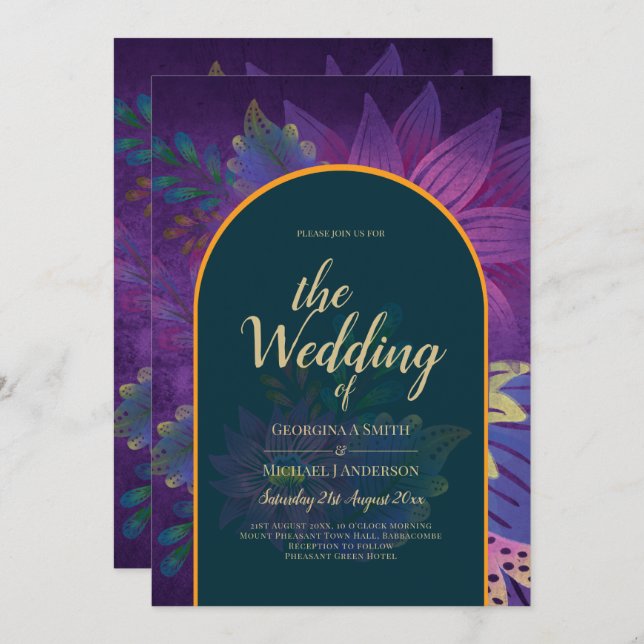 Invitación LeahG Green Purple Gold JEWEL TONES Wedding INVITE (Anverso / Reverso)