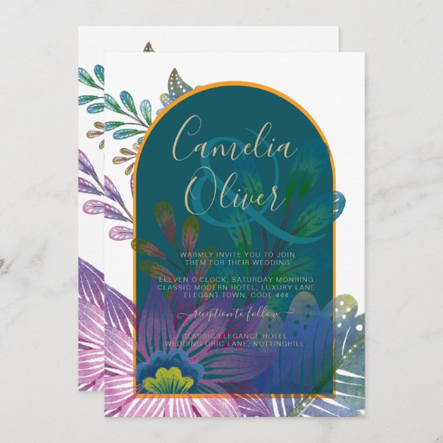 Invitación LeahG Green Purple Gold JEWEL TONES Wedding INVITE (Anverso / Reverso)