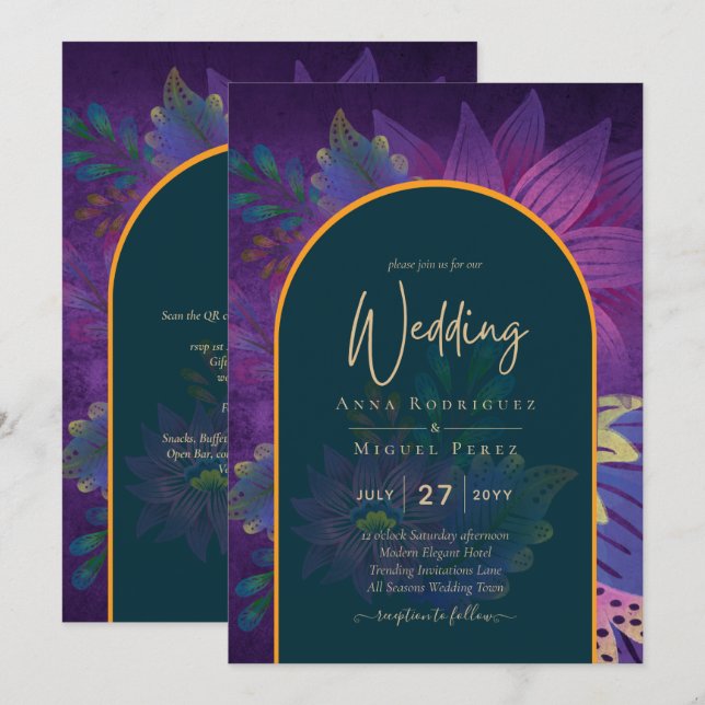 Invitación LeahG Green Purple Gold JEWEL TONES Wedding INVITE (Anverso / Reverso)