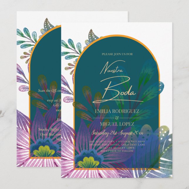 Invitación LeahG Green Purple Gold JEWEL TONES Wedding INVITE (Anverso / Reverso)