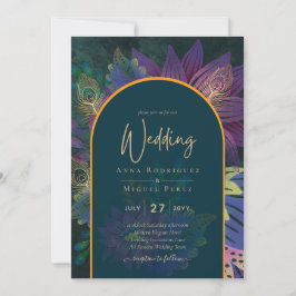Invitación LeahG Green Purple Gold JEWEL TONES Wedding INVITE
