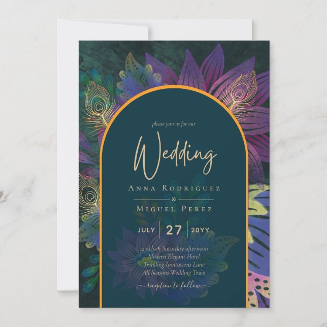 Invitación LeahG Green Purple Gold JEWEL TONES Wedding INVITE (Anverso)