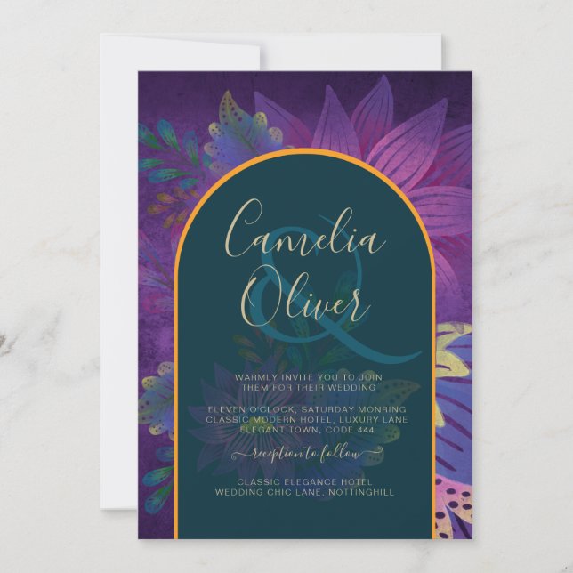 Invitación LeahG Green Purple Gold JEWEL TONES Wedding INVITE (Anverso)