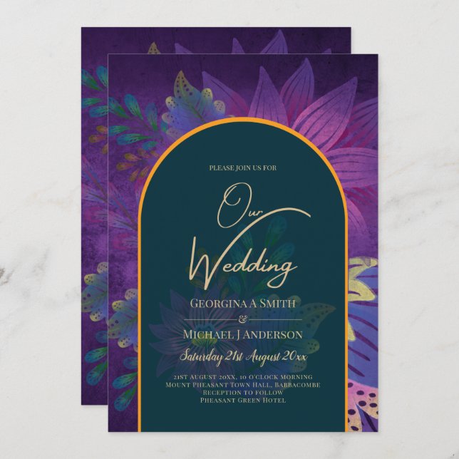 Invitación LeahG Green Purple Gold JEWEL TONES Wedding INVITE (Anverso / Reverso)