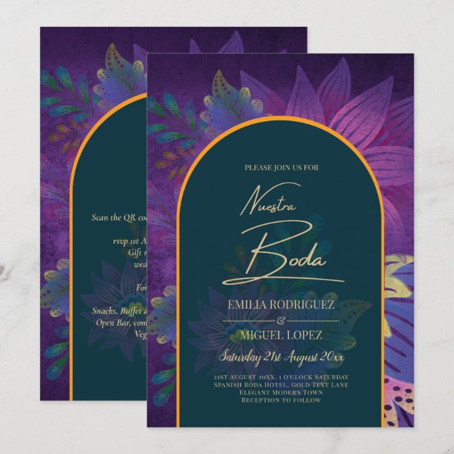 Invitación LeahG Green Purple Gold JEWEL TONES Wedding INVITE (Anverso / Reverso)