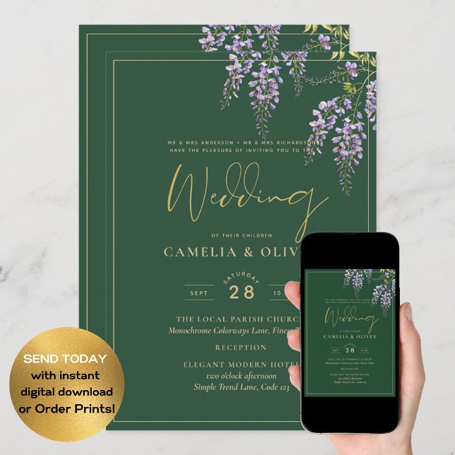 Invitación LeahG Green Purple Gold WISTERIA Wedding INVITE (Subido por el creador)