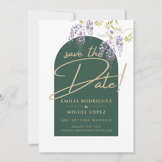 Invitación LeahG Green Purple Gold WISTERIA Wedding INVITE (Anverso)
