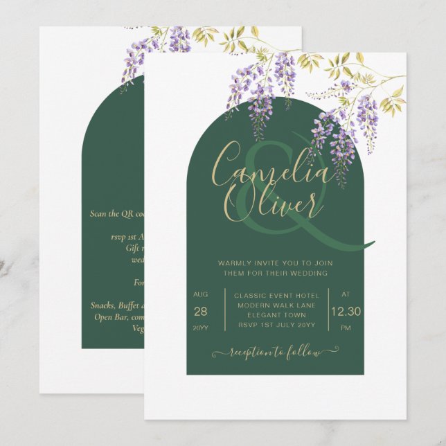 Invitación LeahG Green Purple Gold WISTERIA Wedding INVITE (Anverso / Reverso)