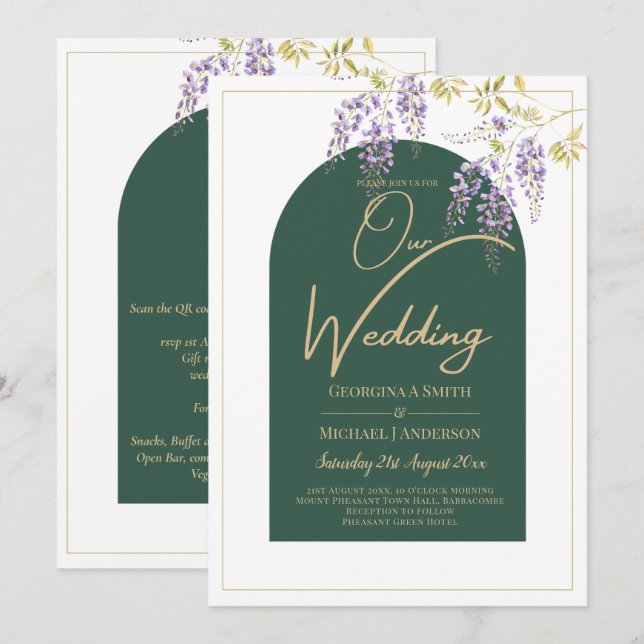 Invitación LeahG Green Purple Gold WISTERIA Wedding INVITE (Anverso / Reverso)